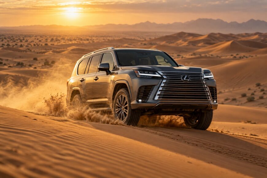 A luxury Lexus LX SUV driving through sandy dunes in the Dubai desert during sunset
