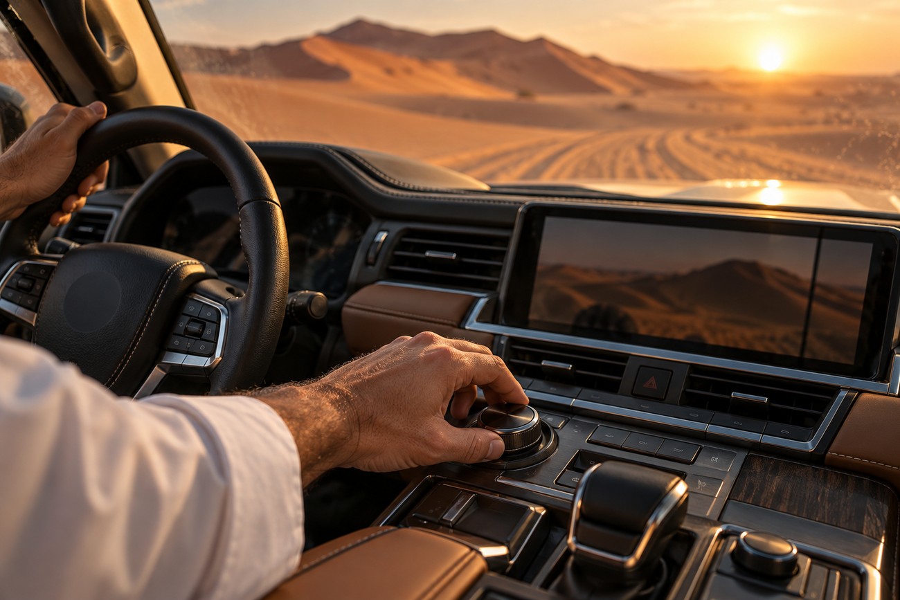 Driver hands on the steering wheel and center console of a Lexus LX driving through Dubai desert dunes at sunset