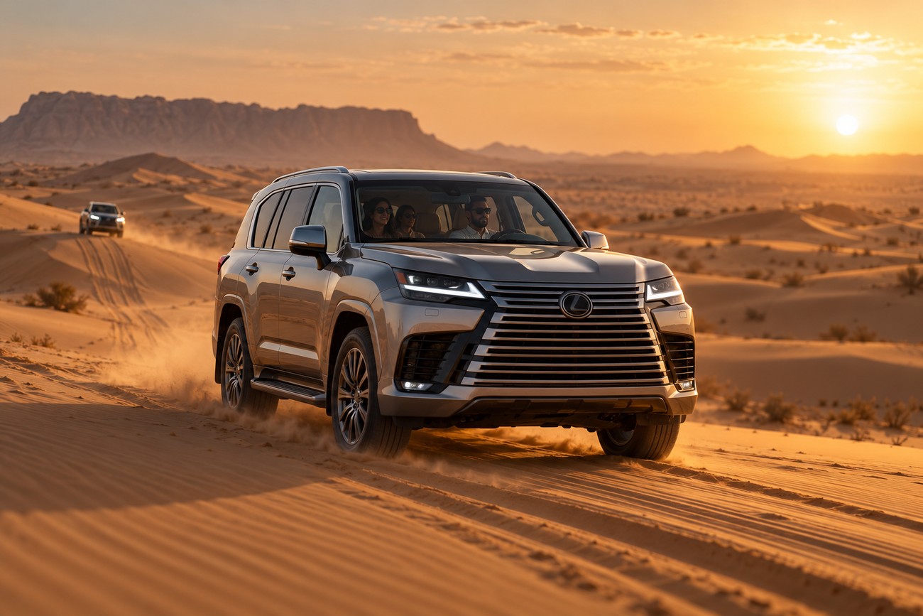A luxury silver Lexus LX drives across sandy dunes in the Dubai desert during a golden sunset with another vehicle in the distance