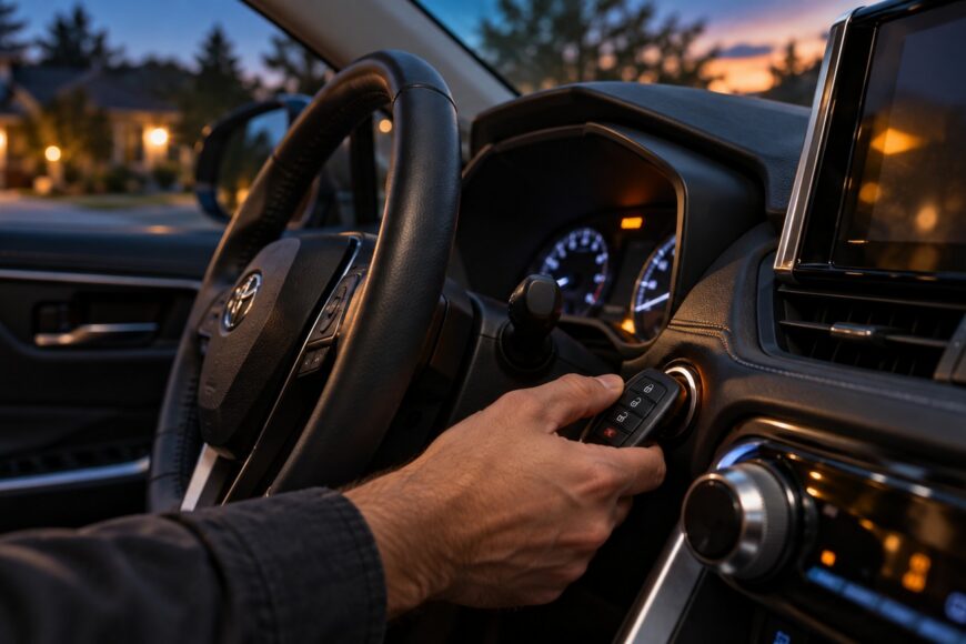 Driver pressing the push start ignition button with a dead key fob inside a Toyota RAV4