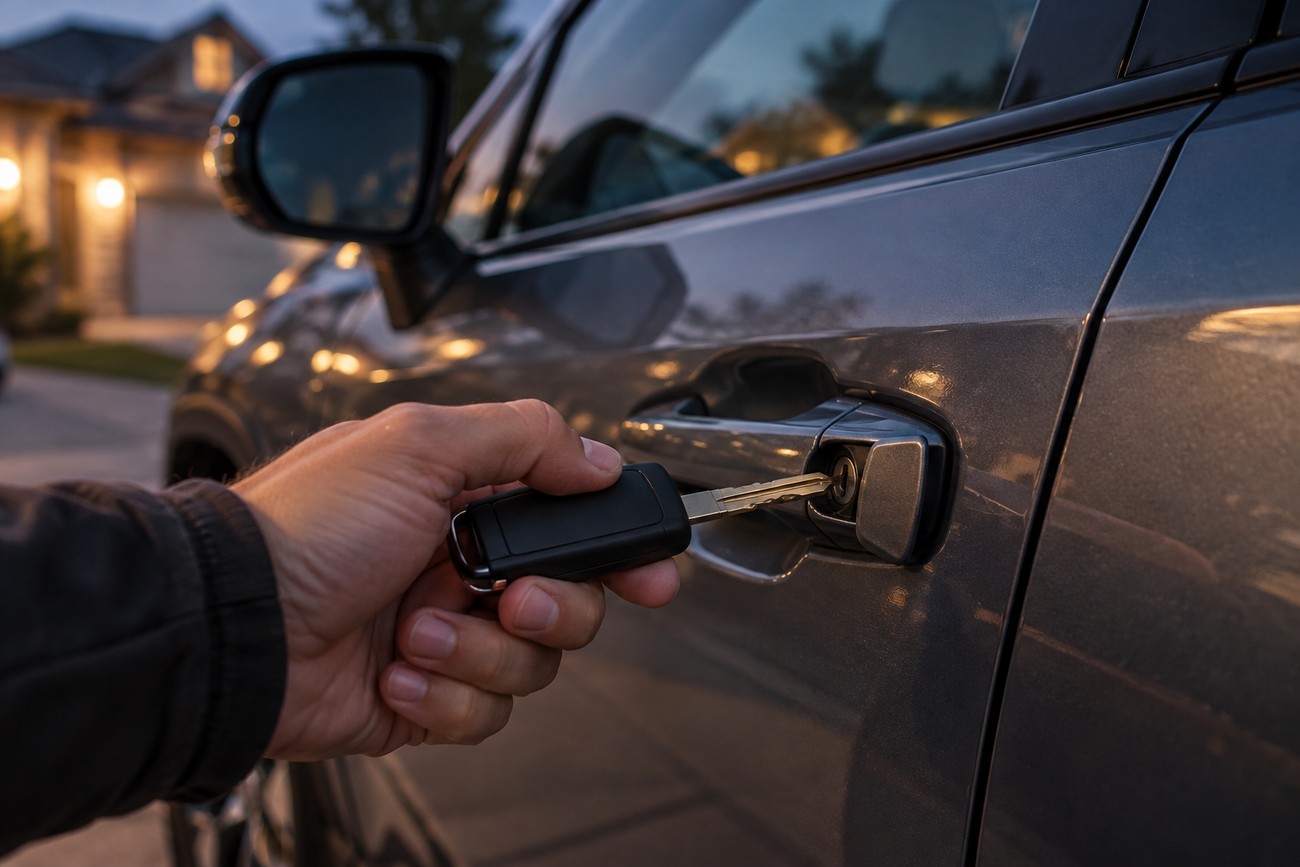 A driver inserting a physical mechanical key into the door handle cylinder of a gray Toyota RAV4 at dusk