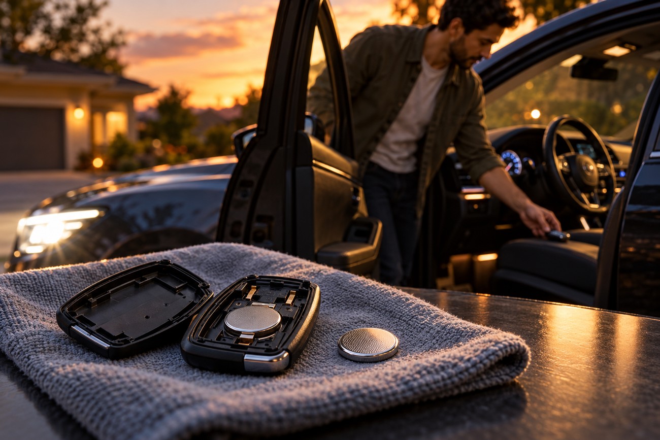 A disassembled Toyota RAV4 key fob and a coin battery resting on a gray cloth outdoors near a car at sunset
