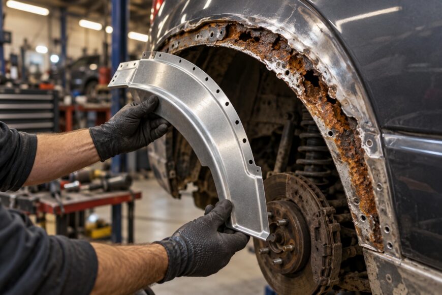 Mechanic holding a new metal replacement panel in front of a heavily rusted car wheel arch