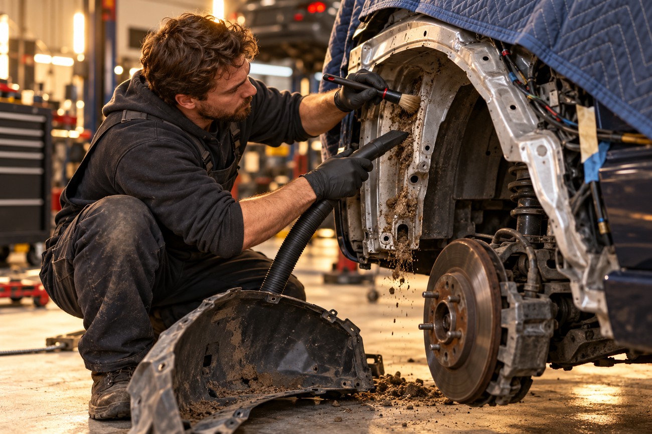 Mechanic wearing gloves cleaning dirt and rust debris from inside a car wheel arch with a vacuum