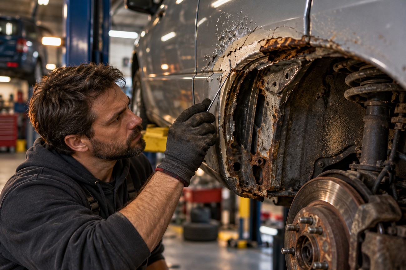 A mechanic in gloves inspecting severe rust damage on a car wheel arch lip in a garage