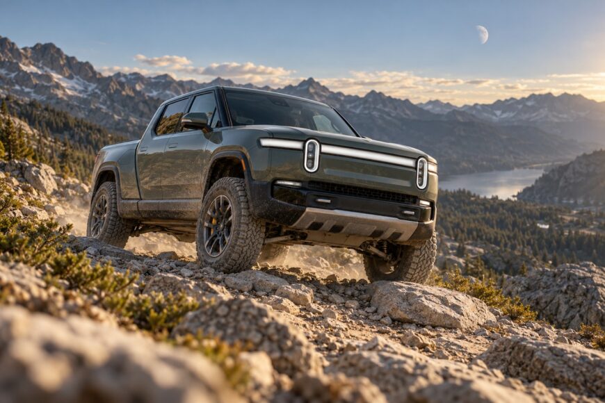 Green Rivian R1T electric truck climbing a steep rocky hill with mountains and a moon in the background