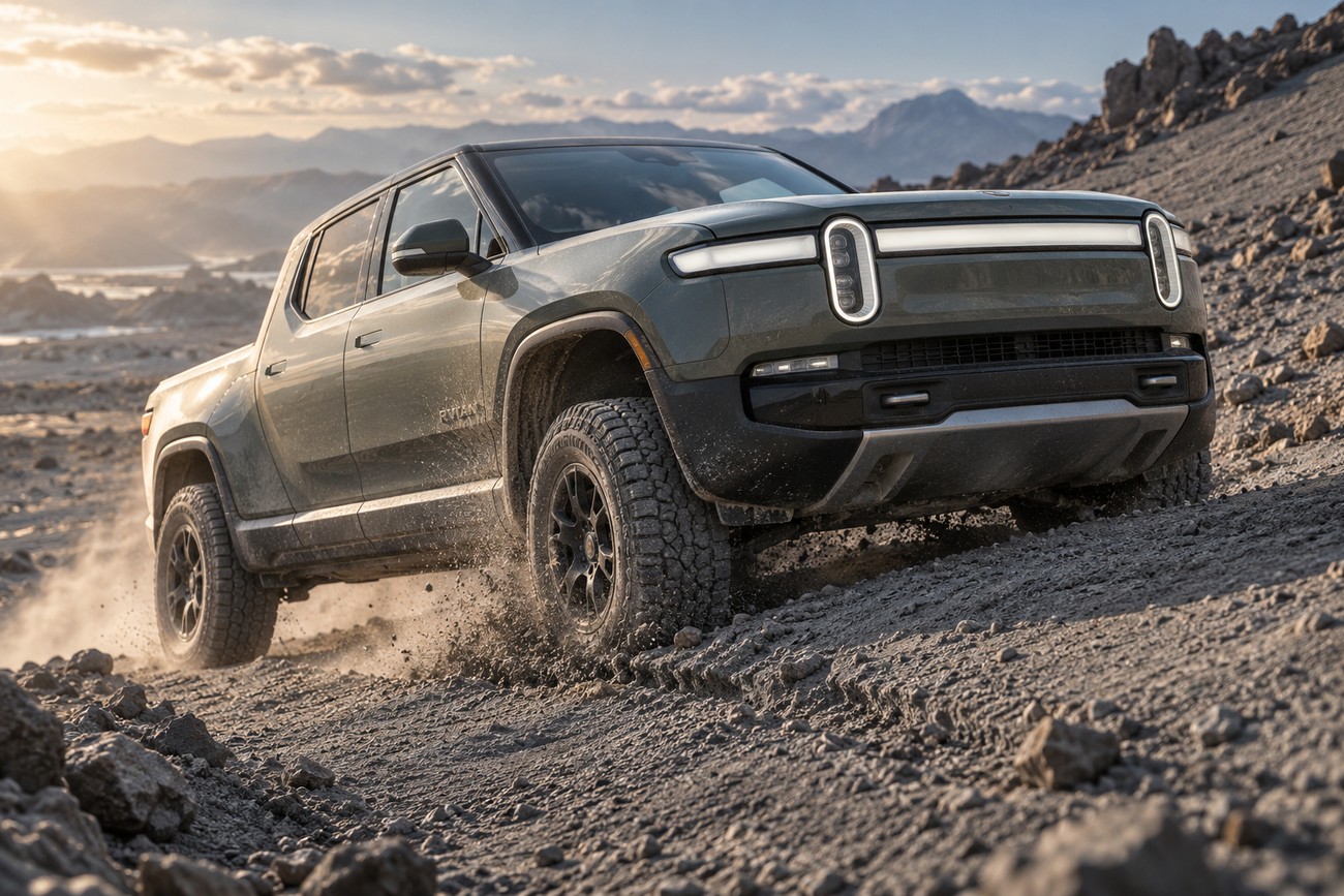 A green Rivian R1T electric truck driving up a rocky, dusty hill reminiscent of lunar landscape