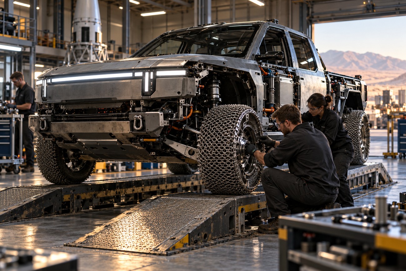 Engineers in a workshop assembling a custom Rivian R1T electric truck with specialized lunar mesh tires