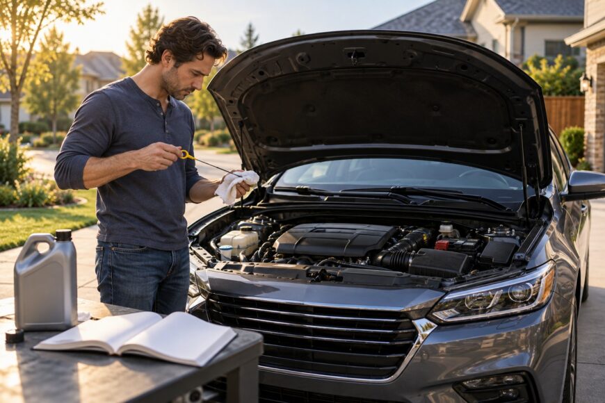 A man checks the oil level using a dipstick in front of a car with an open hood in a driveway