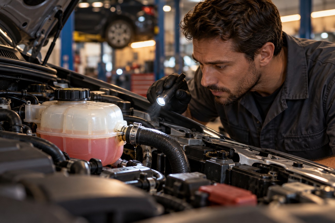 A mechanic wearing gloves inspects a car engine with a flashlight in an auto repair shop