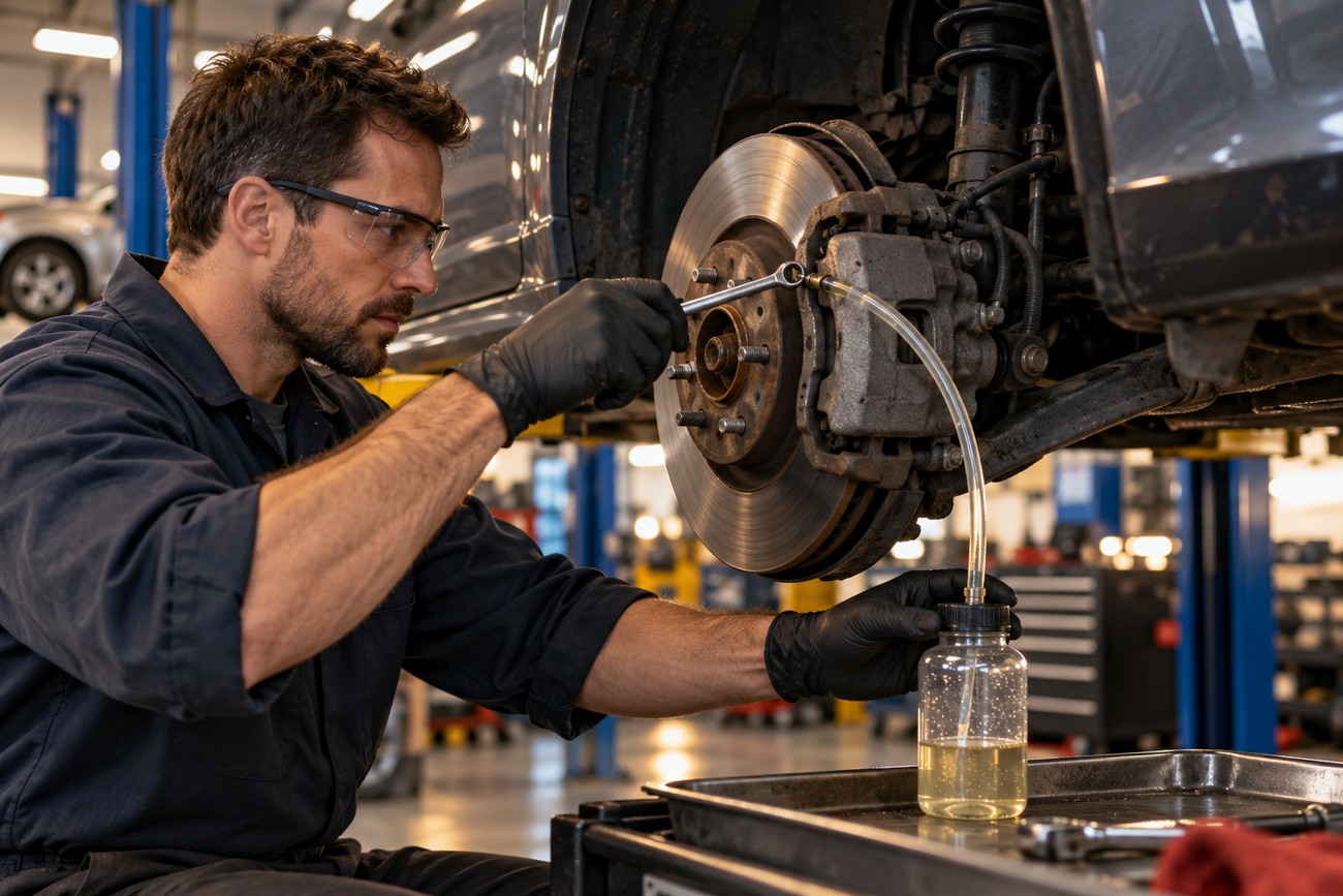 Professional mechanic wearing safety glasses and black gloves bleeding car brakes using a clear hose and bottle in a repair shop