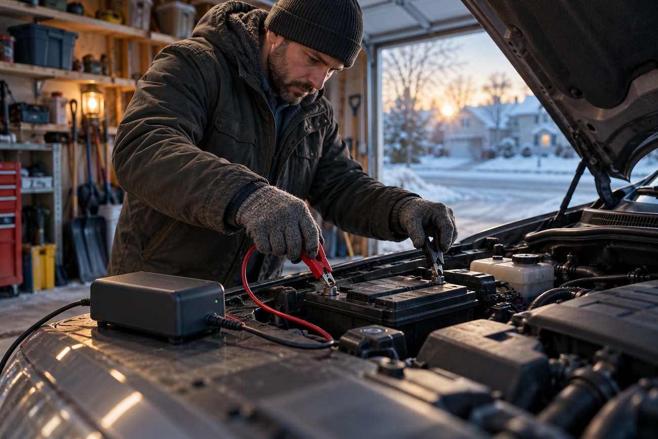 A man in a winter jacket connects a battery charger to a car battery inside a garage
