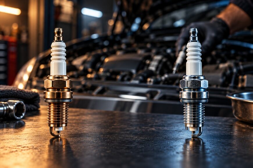 Two spark plugs standing upright on a dark workbench inside an auto repair shop with an engine in the background