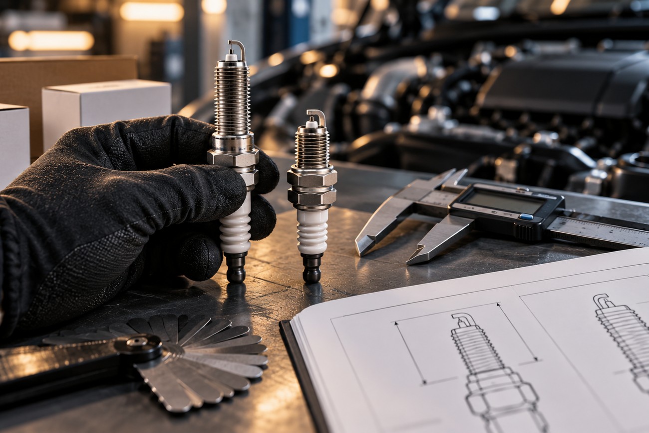 A mechanic wearing black gloves holding an iridium spark plug next to another spark plug and measuring tools on a workbench in an auto repair shop