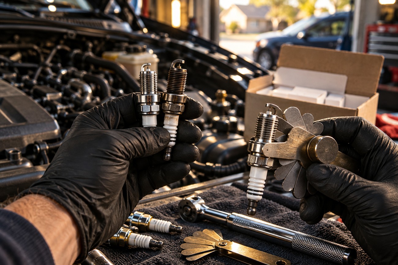 Mechanic wearing black gloves holding and comparing spark plugs in front of a car engine bay