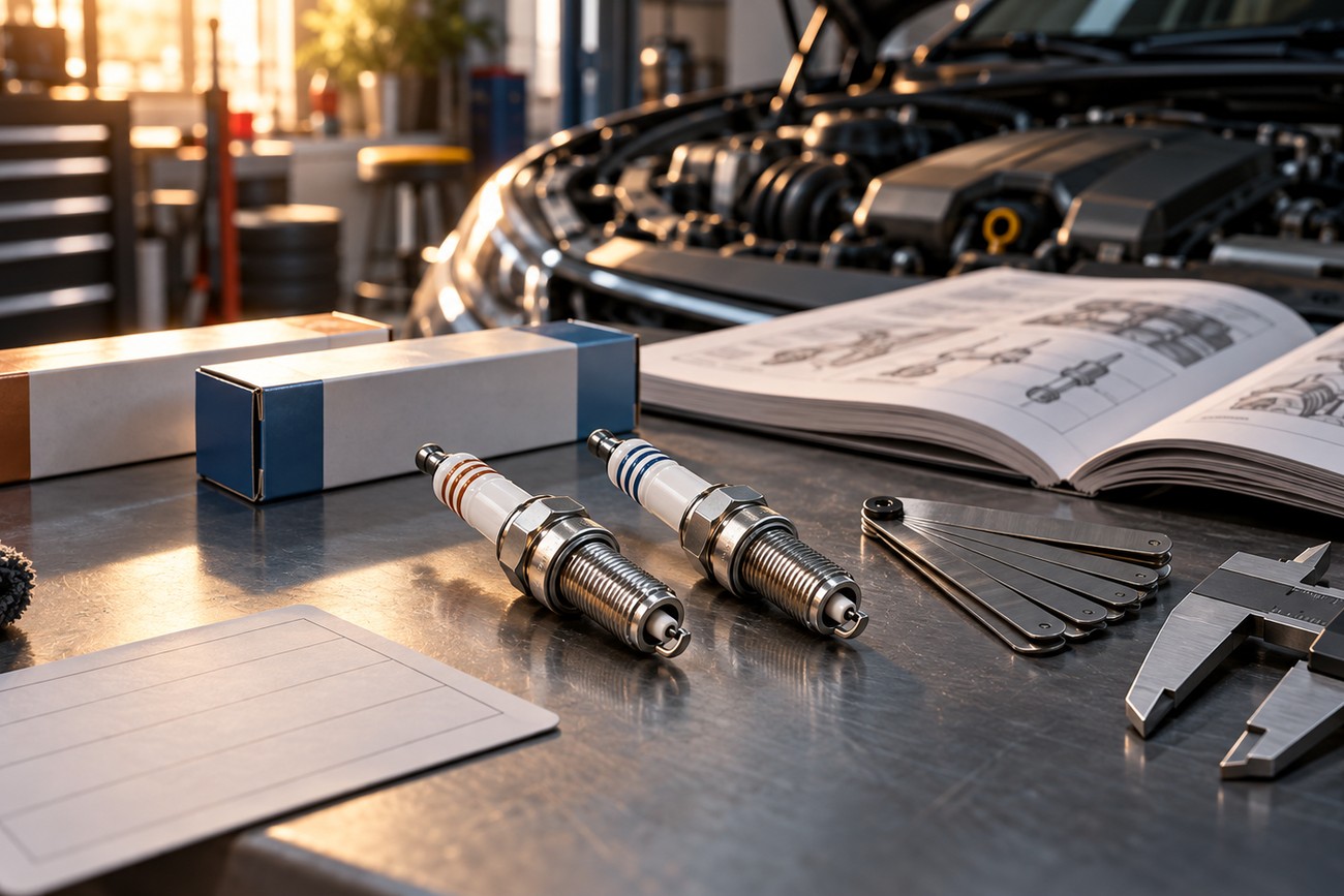 Two iridium spark plugs lie on a metal workbench in a garage with measuring tools and an open car hood in the background