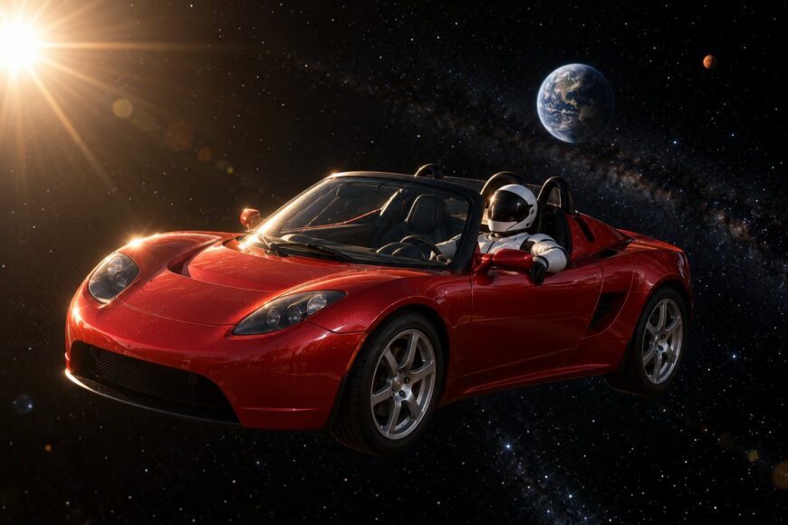 A red Tesla Roadster floats in deep space with an astronaut in the driver seat against a backdrop of stars, the Earth, and the Sun
