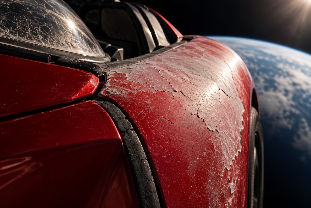 Close-up of a damaged red Tesla Roadster body and cracked windshield with Earth visible in the background of space