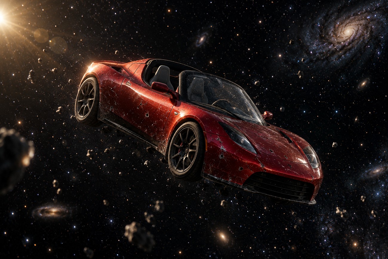 A red Tesla Roadster floating in the vacuum of deep space surrounded by stars and asteroids