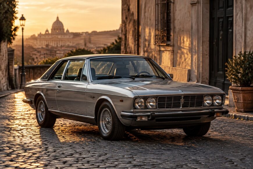 Silver classic Fiat 130 Coupe parked on a historic cobblestone street at sunset with ancient Italian architecture in the background