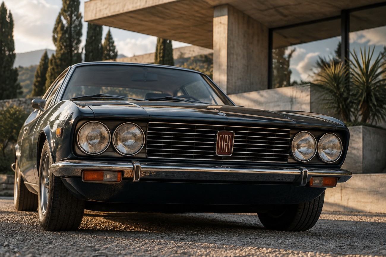 Front view of a dark classic Fiat 130 Coupe parked on gravel in front of a modern concrete building