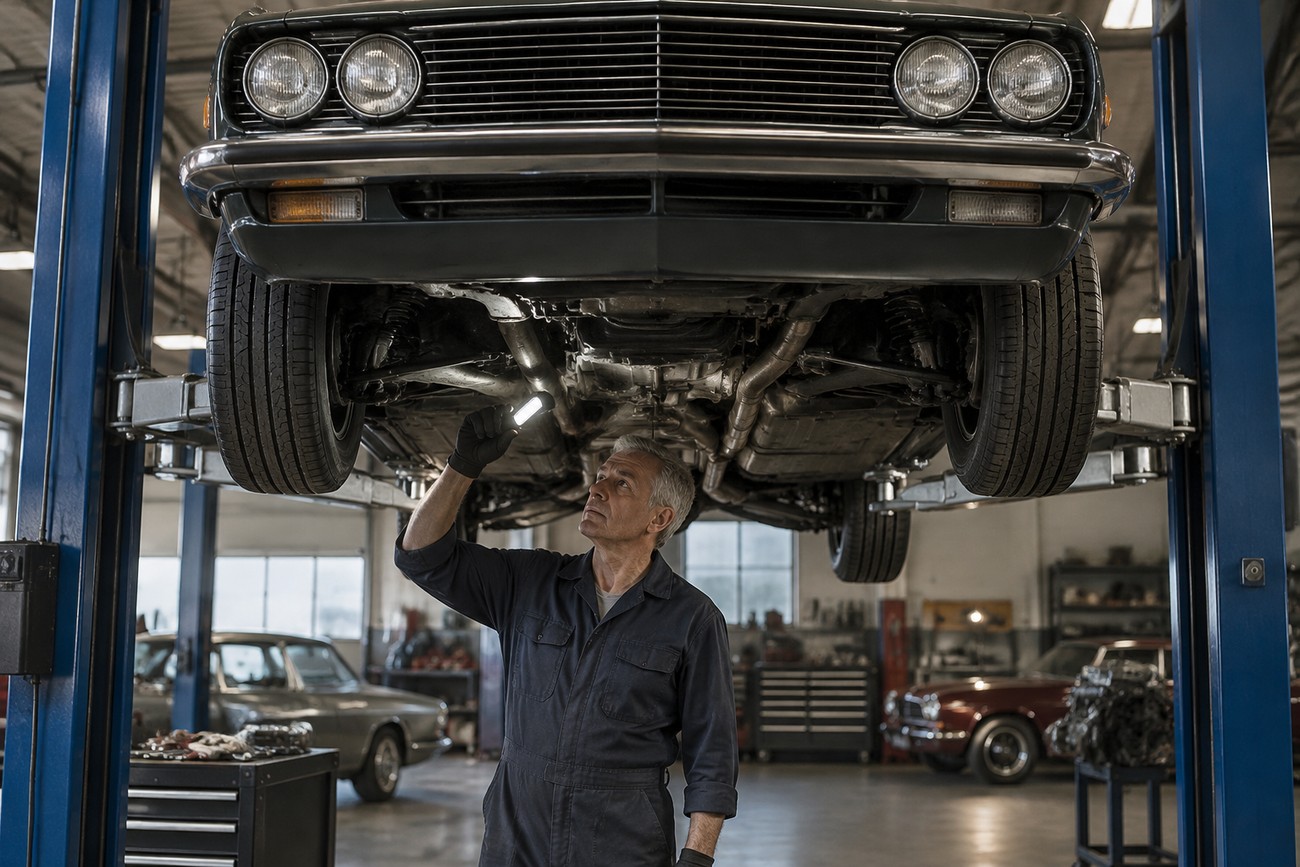 Mechanic examining the undercarriage of a classic Fiat 130 Coupe lifted on a hydraulic hoist in a workshop