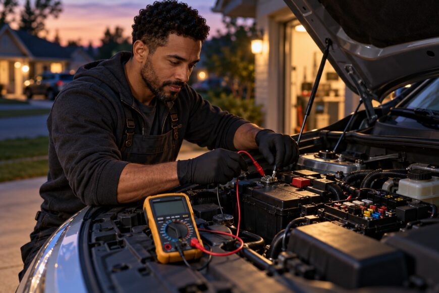 Mechanic wearing black gloves testing a car battery with a yellow multimeter under the hood at sunset