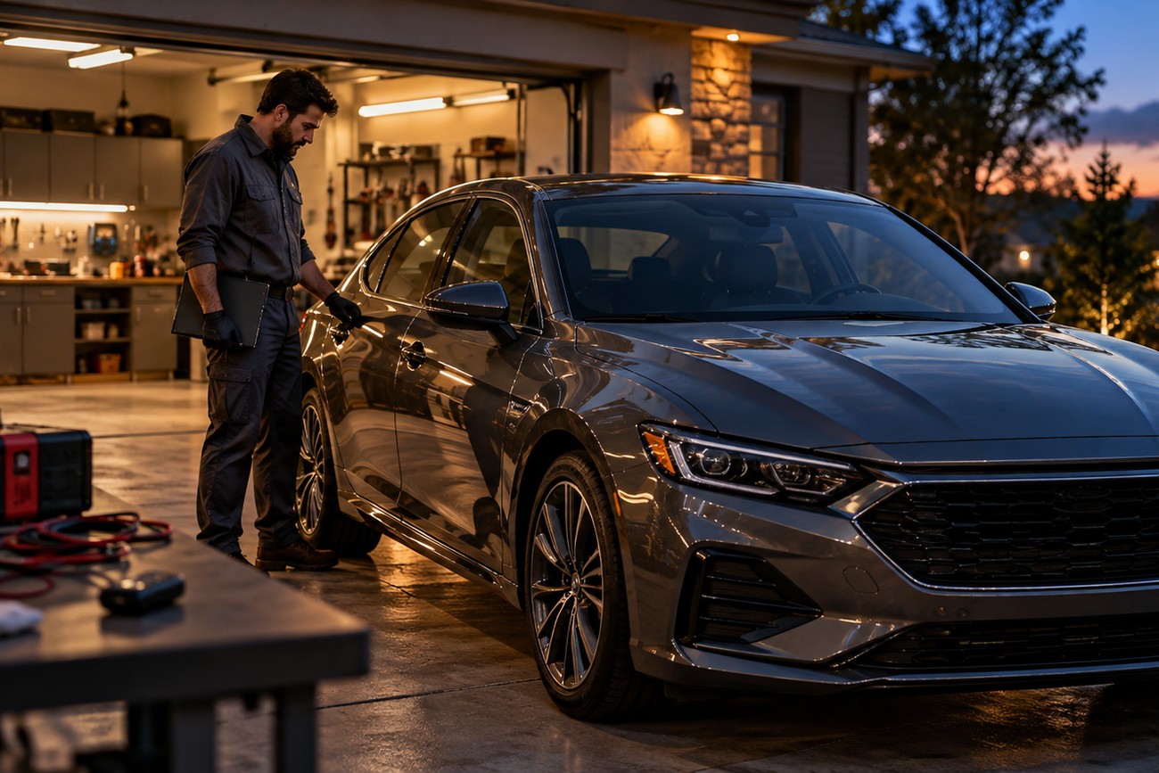 A mechanic wearing gloves stands beside a modern gray sedan in a well-lit home garage to diagnose electrical issues