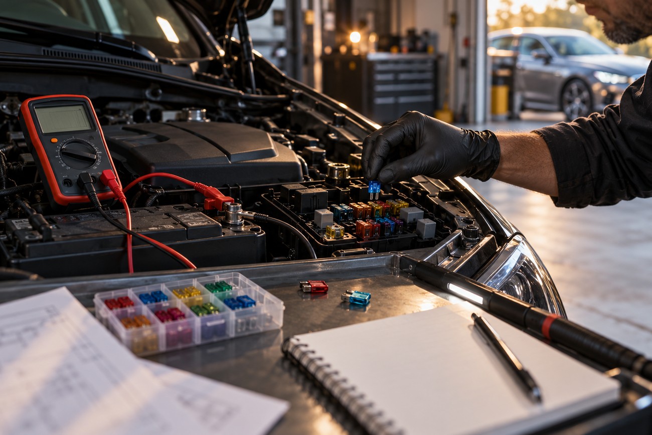 Mechanic in black gloves checking fuses in a car engine bay next to a multimeter and diagnostic notes