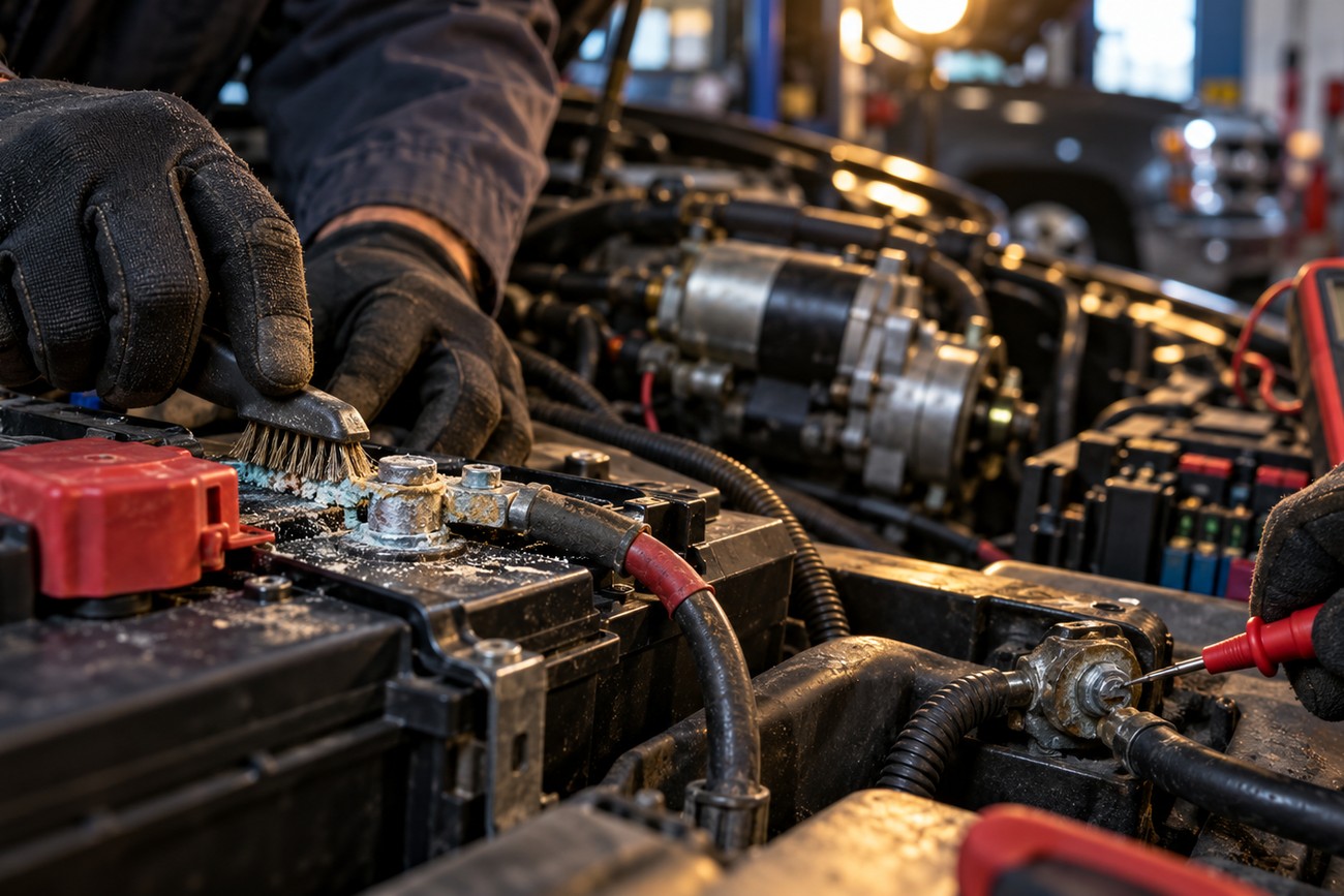 Mechanic wearing gloves cleaning corrosion from a car battery terminal in an engine bay