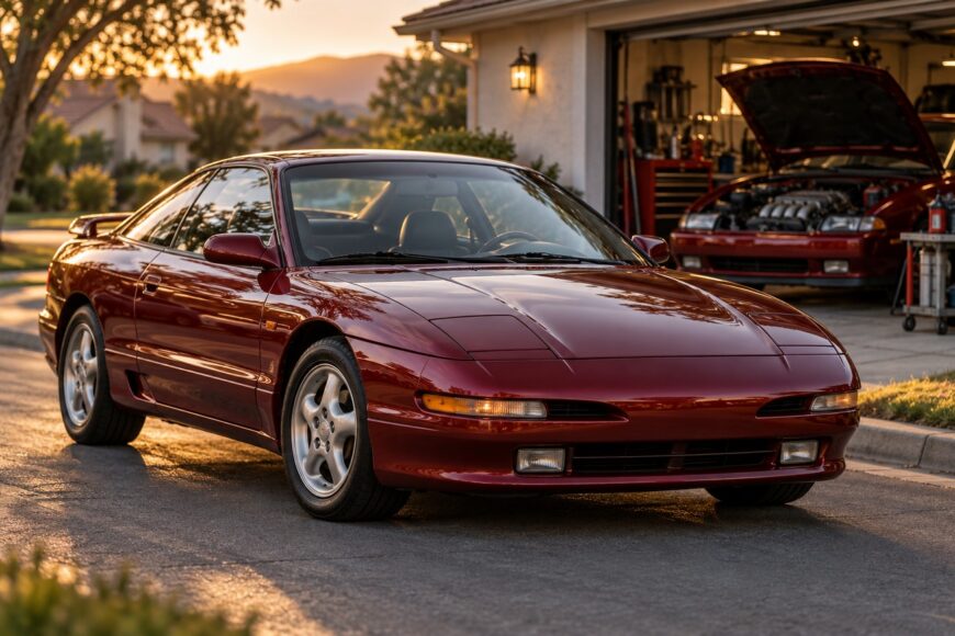 A red Ford Probe GT parked on an asphalt driveway during sunset with a suburban garage in the background
