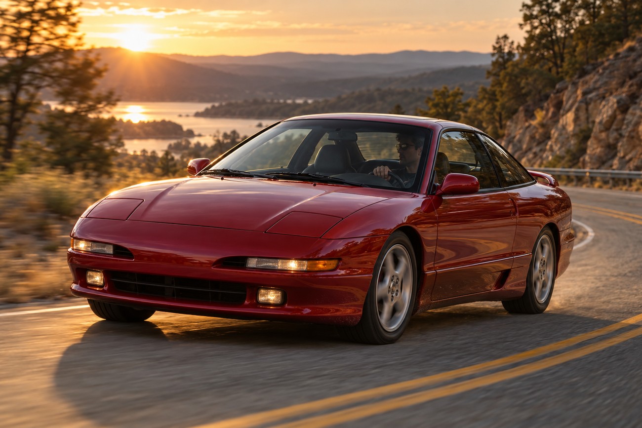 A red Ford Probe GT coupe driving along a winding mountain road at sunset with a lake in the background