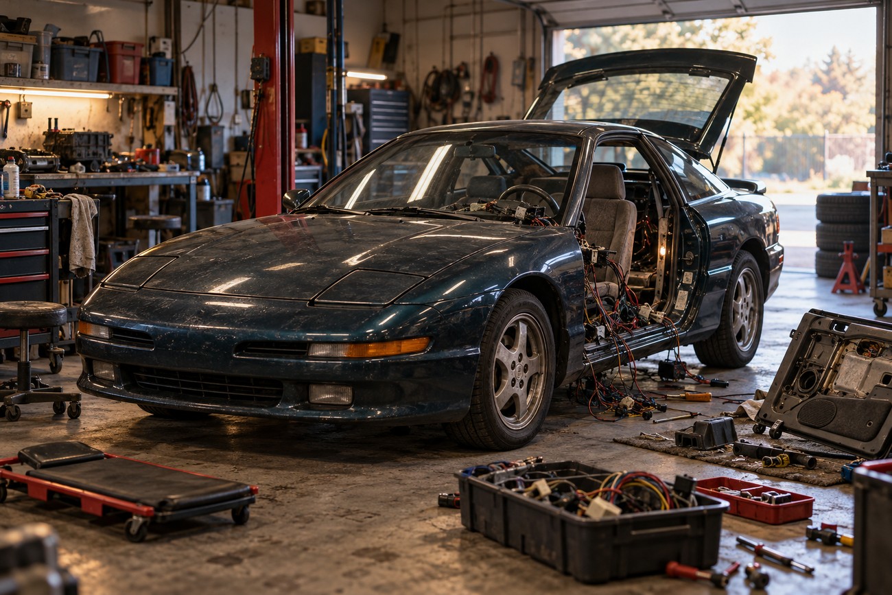Dark green Ford Probe GT sports car parked inside a mechanic garage during restoration with open hatchback and exposed interior wiring