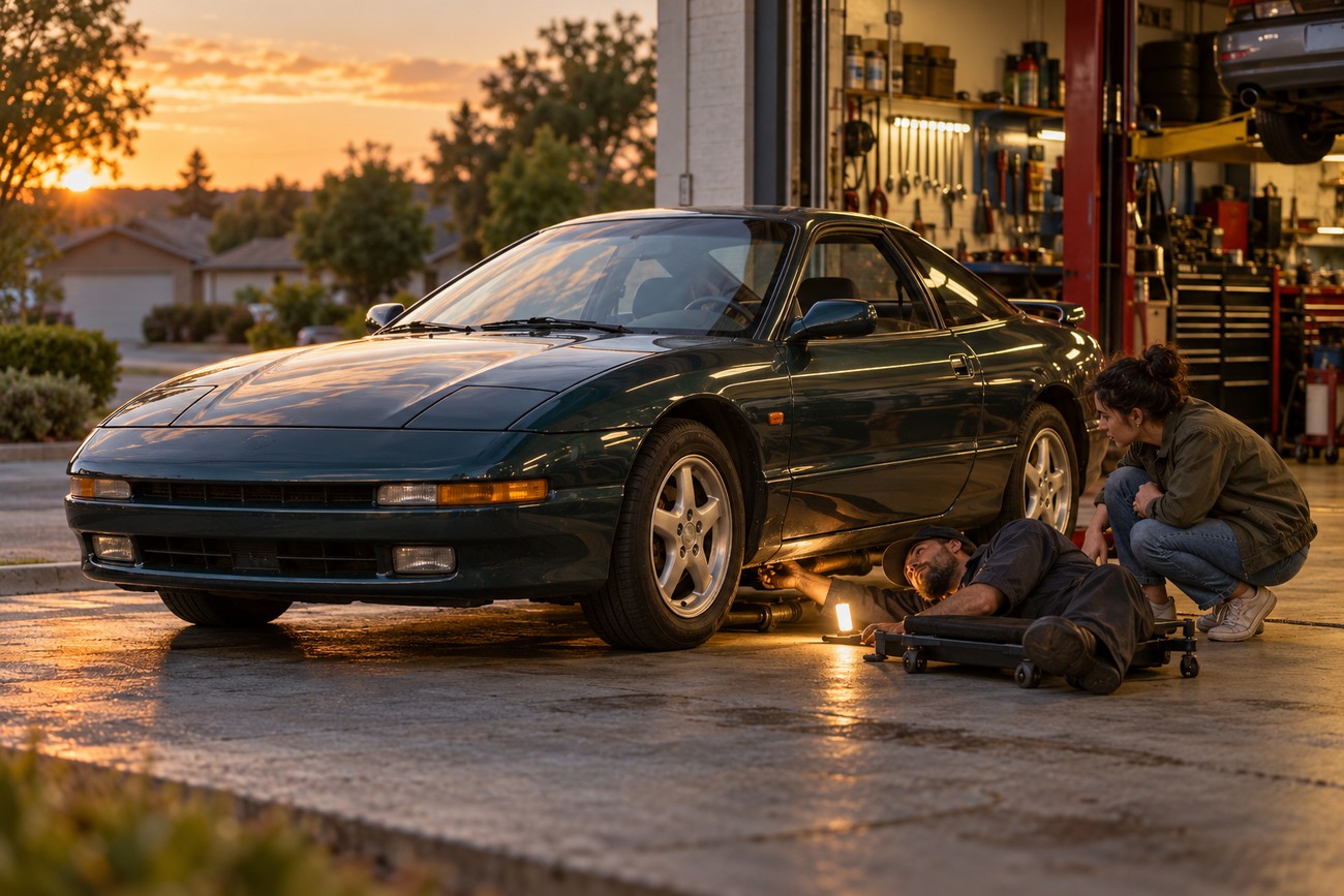 Mechanic lying on a creeper inspecting the undercarriage of a dark green Ford Probe GT parked outside a service garage at sunset