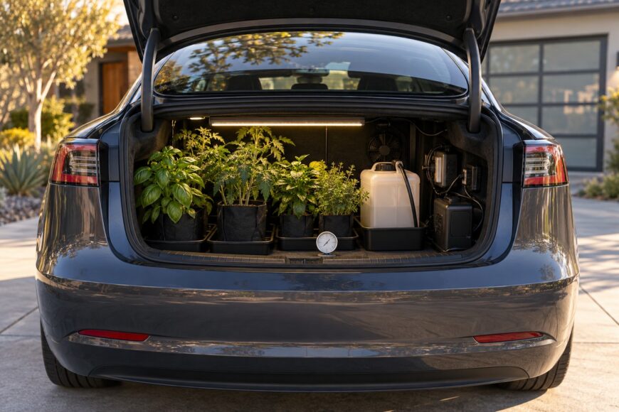 Potted plants growing under an LED light inside the open trunk of a Tesla Model 3