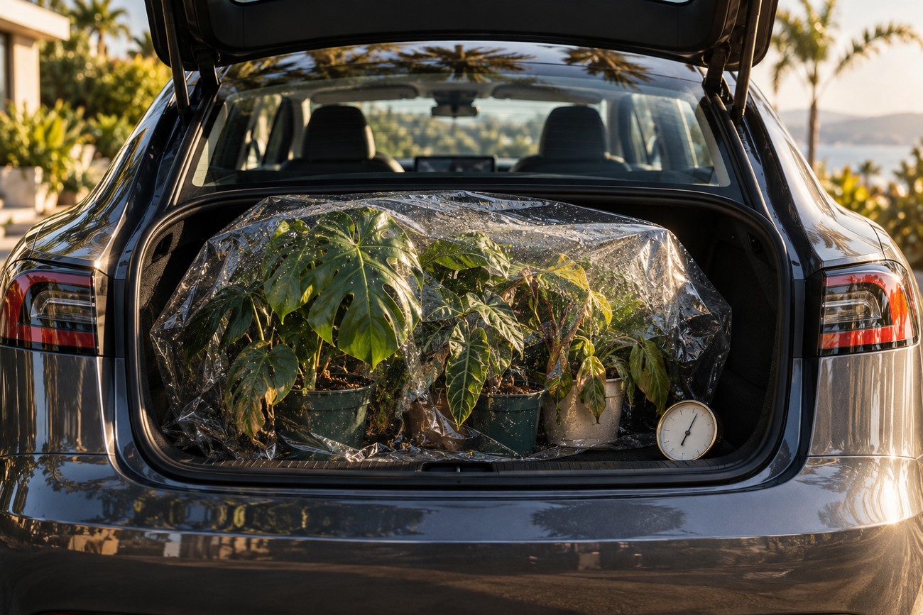 Several potted green plants covered with plastic sheeting placed inside the open trunk of a Tesla Model 3