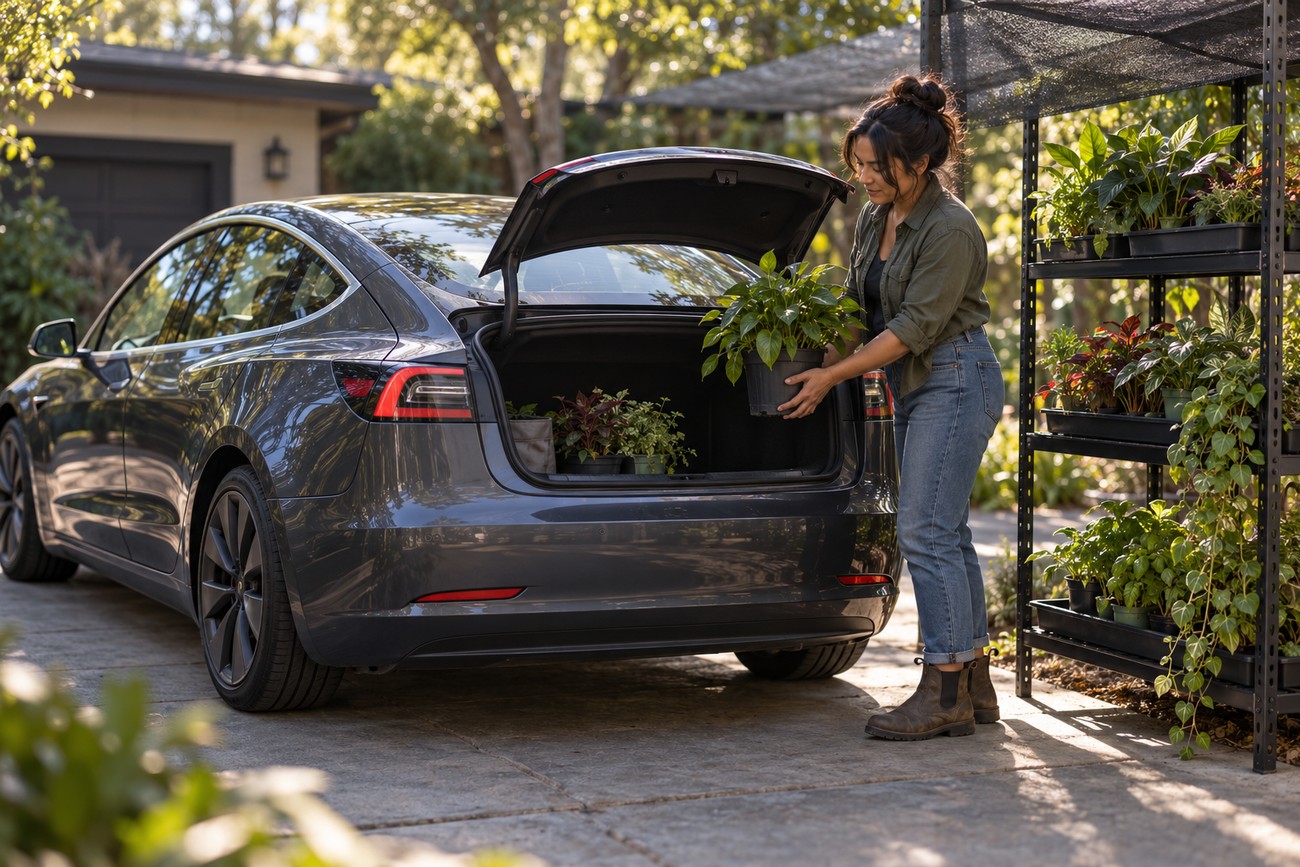 Woman loading a potted plant into the open trunk of a Tesla Model 3 next to a plant shelf