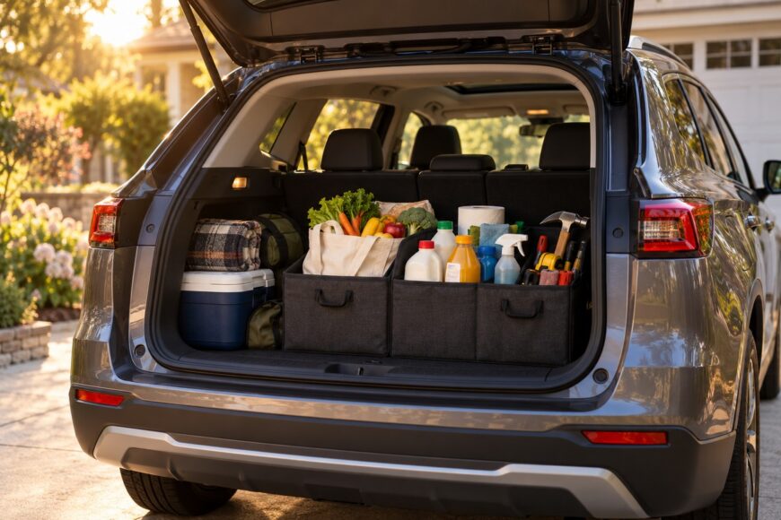 Black fabric trunk organizers neatly filled with groceries, cleaning supplies, and tools in the open back of an SUV