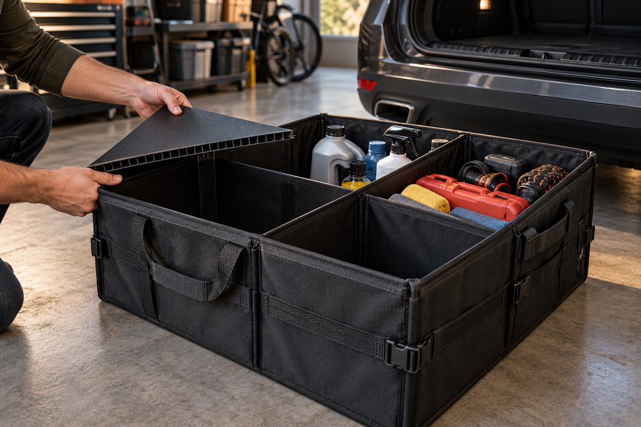 Man assembling a large black collapsible car trunk organizer filled with cleaning supplies and tools in a garage