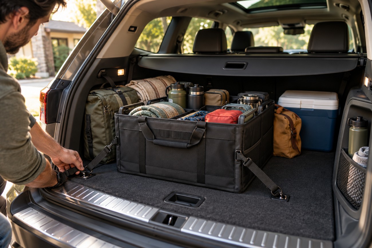 A man securing a black fabric trunk organizer filled with blankets and gear in the back of an SUV