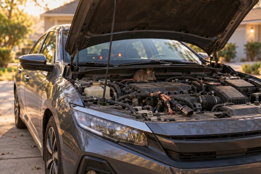 A rat perched on the engine of a Honda Civic next to severely chewed and damaged electrical wiring