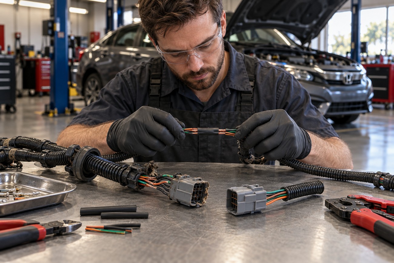 A mechanic wearing safety glasses and black gloves repairs chewed wires from a Honda Civic wiring harness at a workbench