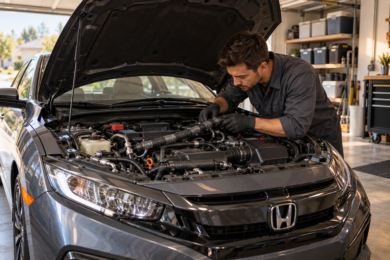 Mechanic wearing gloves inspecting damaged wires and engine components under the hood of a Honda Civic