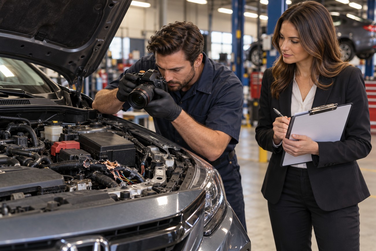 Mechanic taking photos of chewed wires in a Honda Civic engine bay while an adjuster takes notes