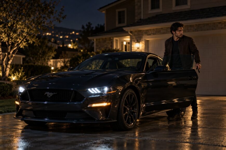 Teenager opening the door of a black Ford Mustang parked in a driveway at night