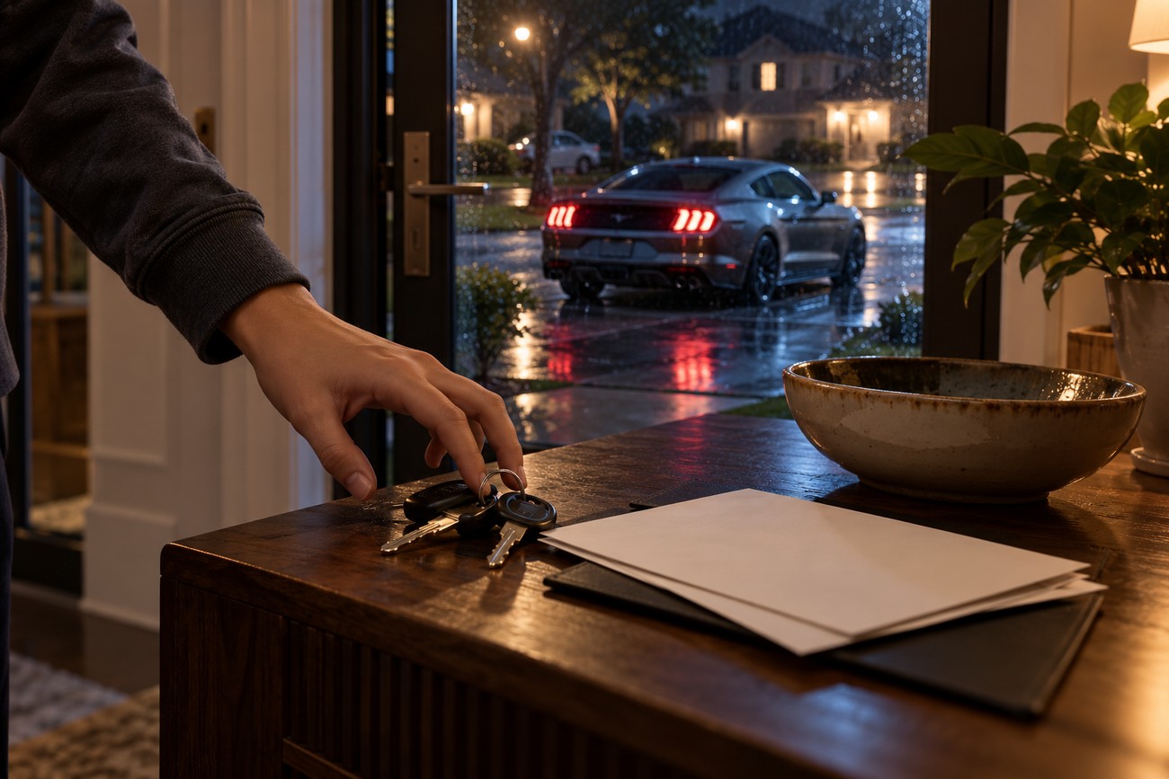 A young person reaches out to grab car keys from a wooden table near an open door with a Ford Mustang parked outside in the rainy night
