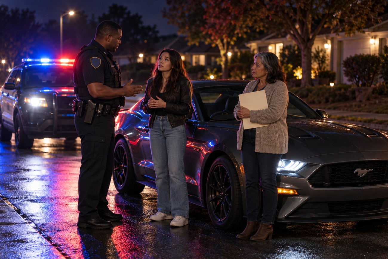 A police officer talking to a teenage girl and a woman standing next to a Ford Mustang with flashing cruiser lights at night