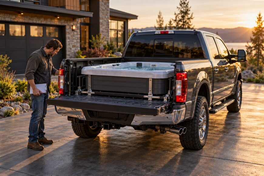 A man holding a clipboard standing by a Ford F-250 truck with a hot tub installed in the bed