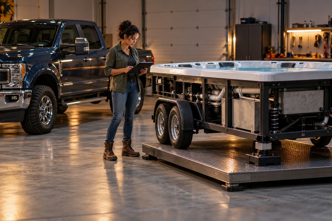A woman in a workshop checking a tablet next to a Ford F-250 truck bed converted into a hot tub