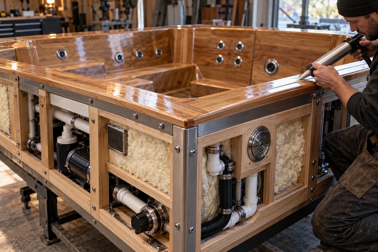 A craftsman using a caulking gun to seal the edge of a custom hot tub built inside a Ford F-250 truck bed